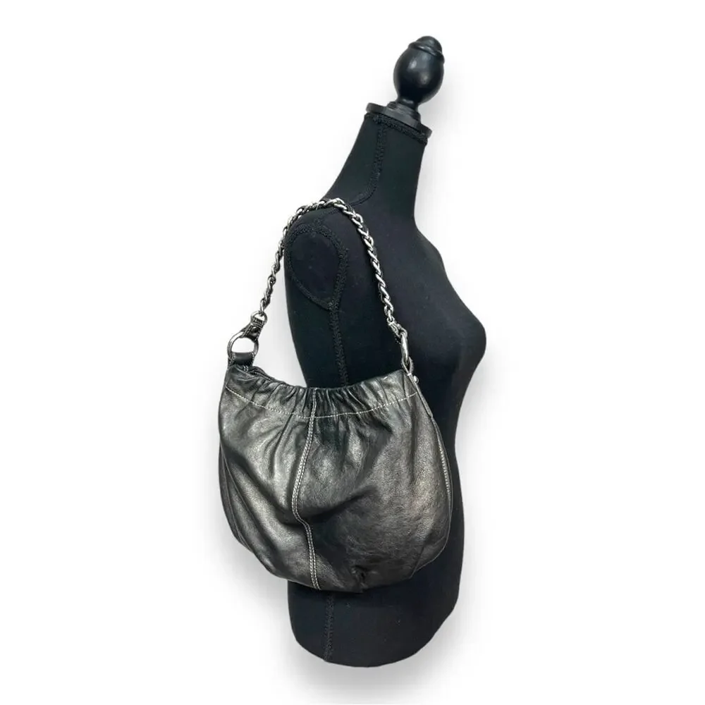 TALBOTS Metallic Gray Leather Hobo Shoulder Bag with Silver Tone Hardware